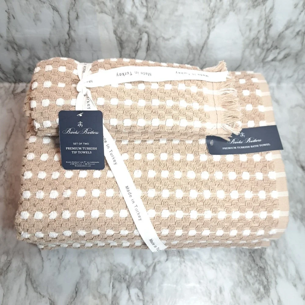 Brooks Brothers 4 Piece Set Premium Turkish TOWEL SET 2 Bath /2 Tip Tan &‎ White